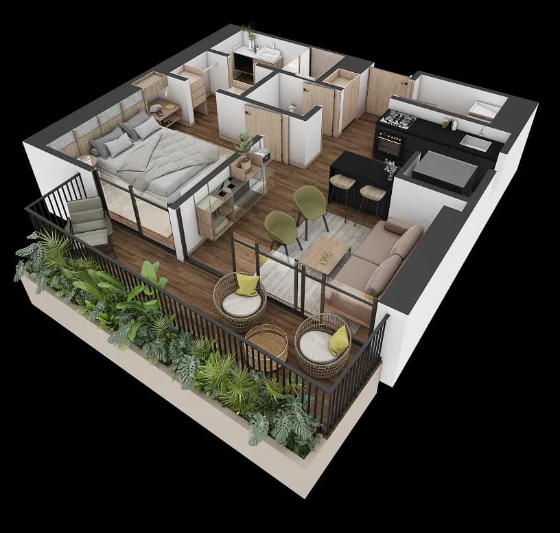 Render isométrico apartamento 1 habitación Macuira