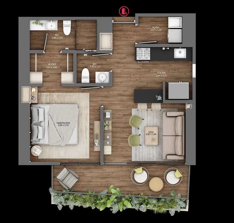 Render isométrico apartamento 1 habitación Macuira — vista 2